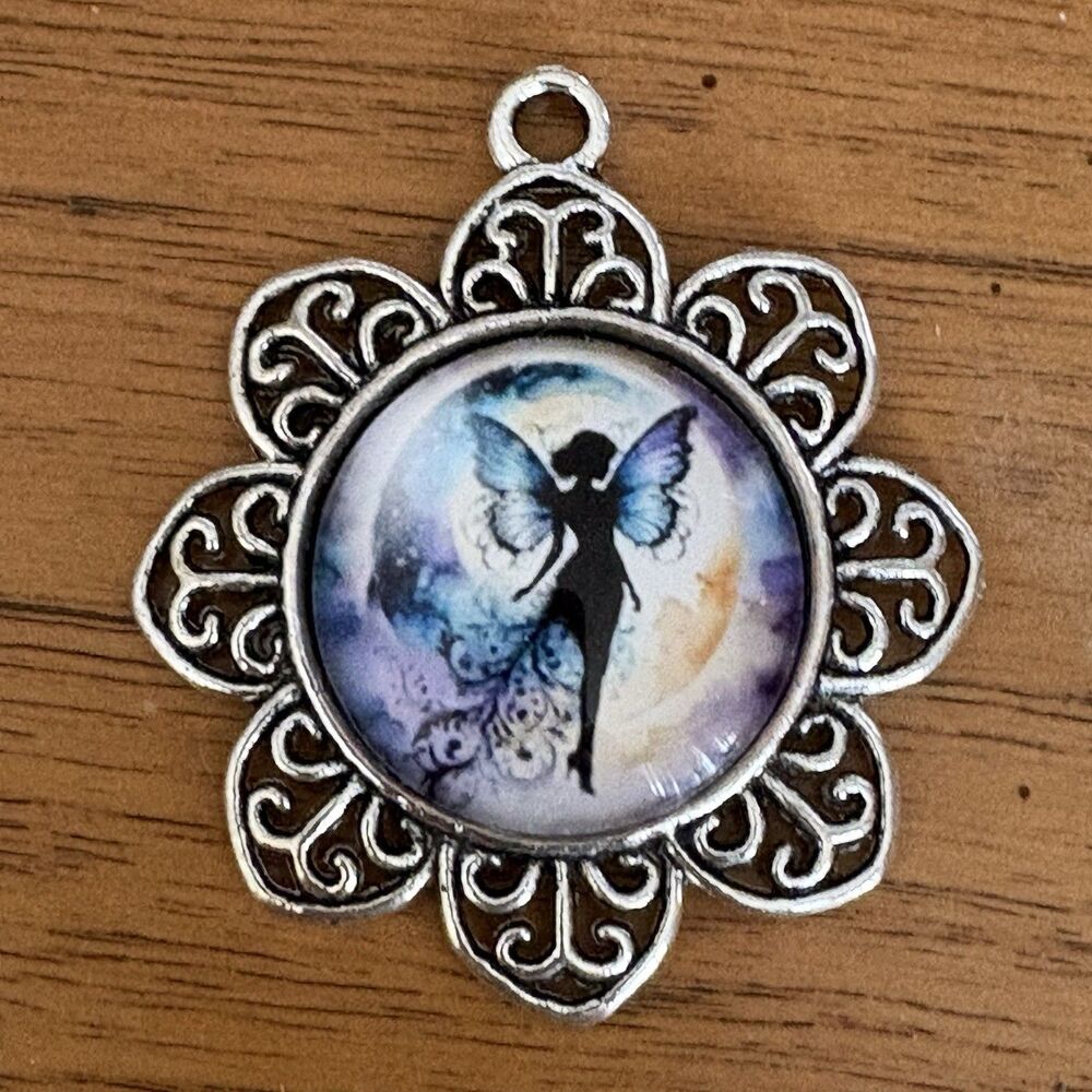 Fairy Purple Blue Mystical Round Glass Art Flower Pendant Charm (No Chain) Gift